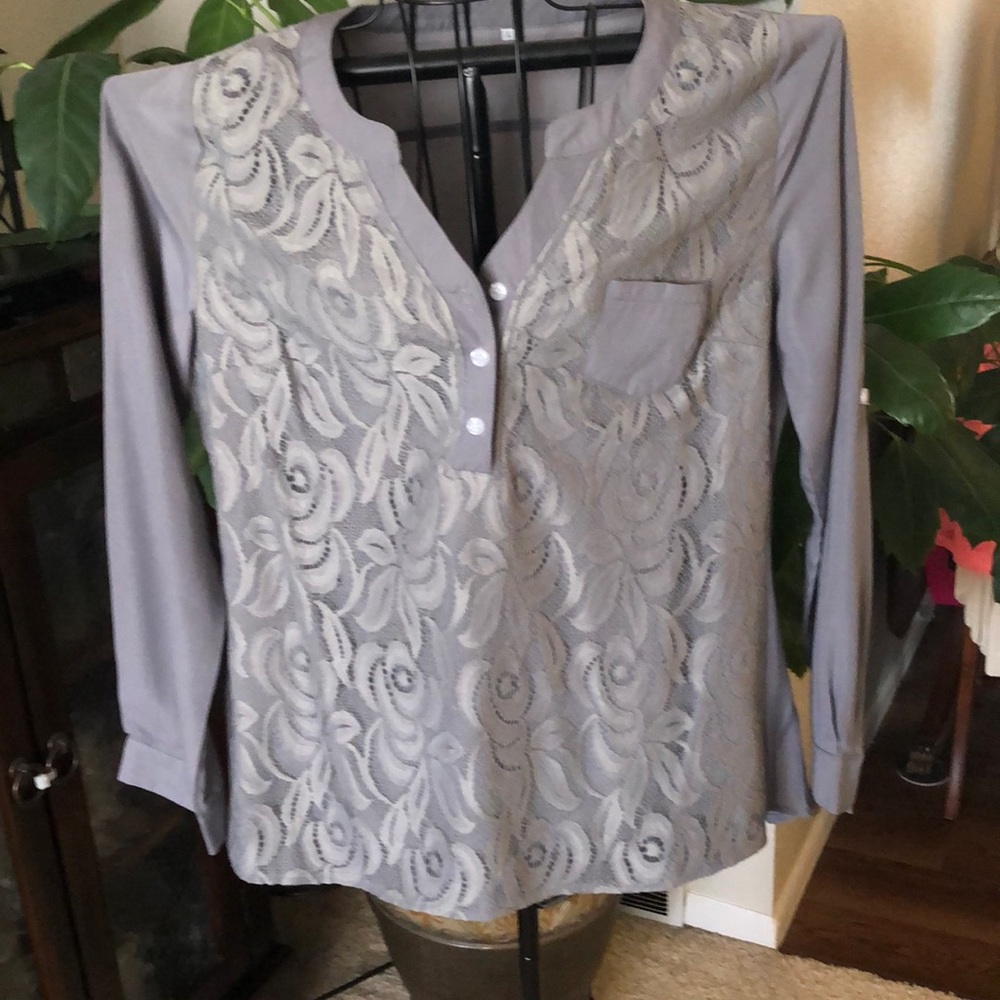 Grey lace covered shirt